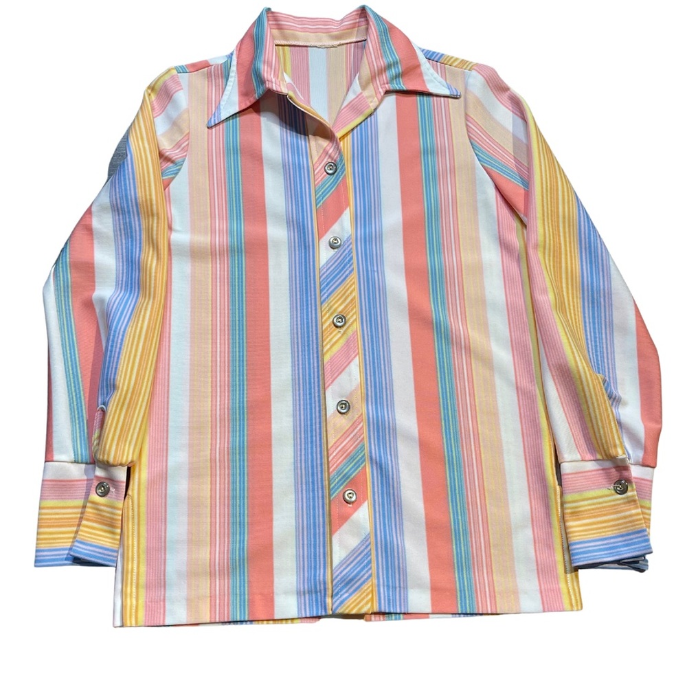Vintage Vertical Stripe Button Up Shirt Pointy Lapel Collar Pastels